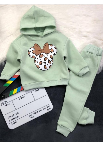 Minnie Detaylı Kapüşonlu 3 Iplik Şardonlu Kız Çocuk Takım