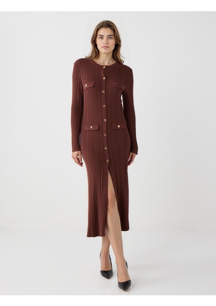 Kahverengi Dar Kesim Bisiklet Yaka Midi Triko Elbise