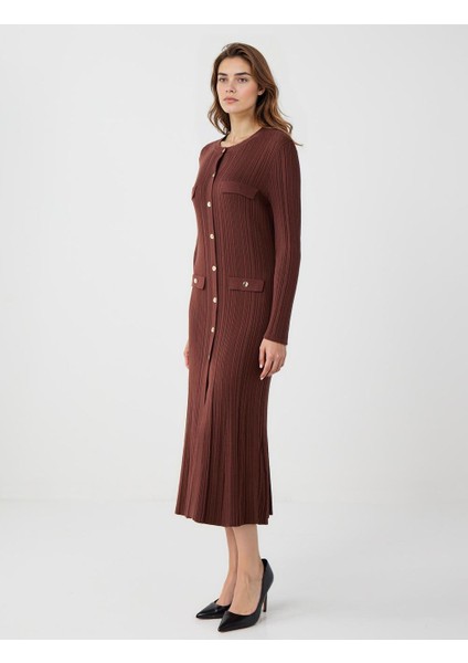 Kahverengi Dar Kesim Bisiklet Yaka Midi Triko Elbise fiyatları