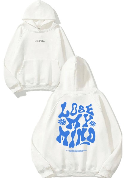 Lose My Mind Tasarım Baskılı Oversize Beyaz Kapüşonlu Sweatshirt