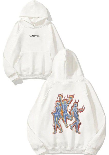 Fire Thermal Tasarım Baskılı Oversize Beyaz Kapüşonlu Sweatshirt