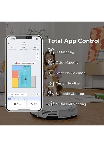 S8 Sonic Silme Robotu 6000 Pa Emiş Gücü, Precisense Engel Önleme, Hassas Sensör, 180 Dakika Pil Ömrü, 400 ml Toz / 300 ml Su Tankı, Halı Ultrason, Uygulama/sesli Kontrol fırsatları