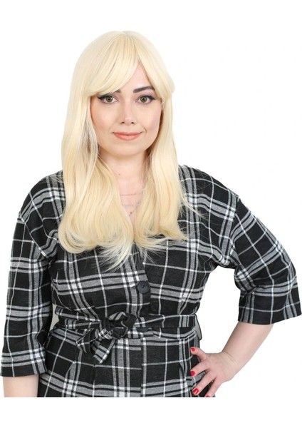 Düz Perçemli Orta Boy Fiber Sentetik Peruk - Platin