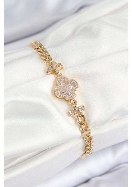 Bfs Pirinç Zirkon Taşlı Yonca Model Gold Renk Kadın Bileklik