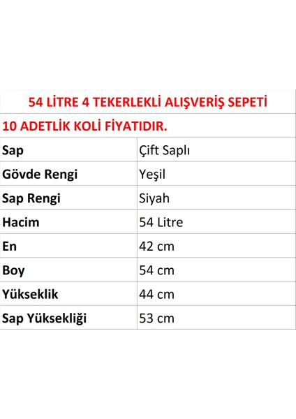 Tekerlekli Plastik Market Alışveriş El Sepeti 54 Litre Yeşil 10 Adet fiyatları