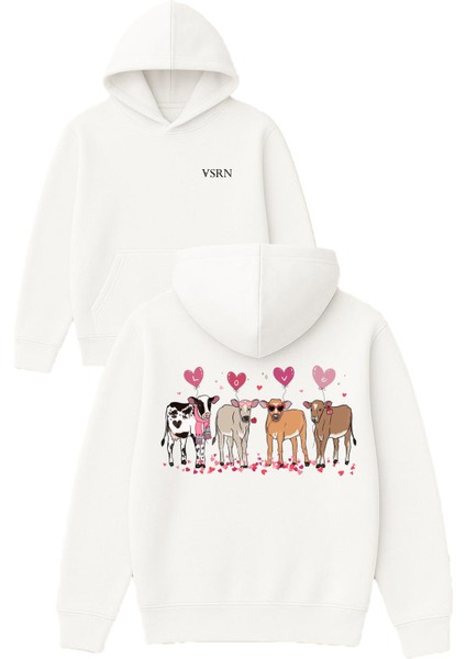 Inekler Love Tasarım Baskılı Oversize Beyaz Kapüşonlu Sweatshirt