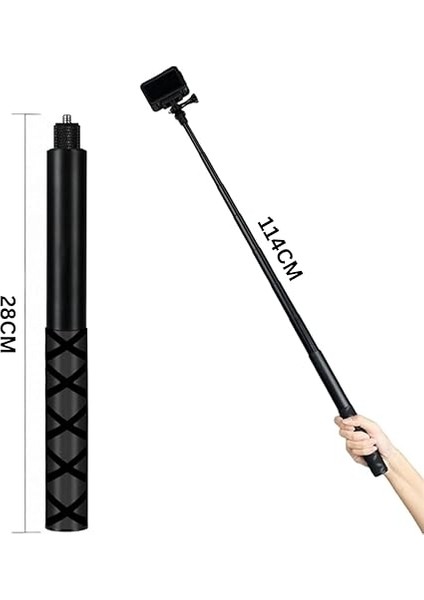 114CM Görünmez Selfie Çubuğu, INSTA360 X3, X2, X4, X5, One Rs, Go 3, One, One X, Evo ile Uyumlu, 180 gr Alüminyum Katlanabilir Uzatma Çubuğu, 1/4” Vidalı Bağlantı, 360° Görünmez Çekim, Siyah modelleri