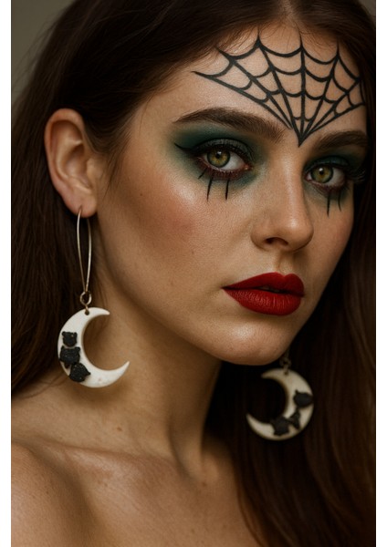 Lunaria Noctis El Yapımı Polimer Kil Siyah Kedi Figürlü Ay Şeklinde Küpe Halloween Için