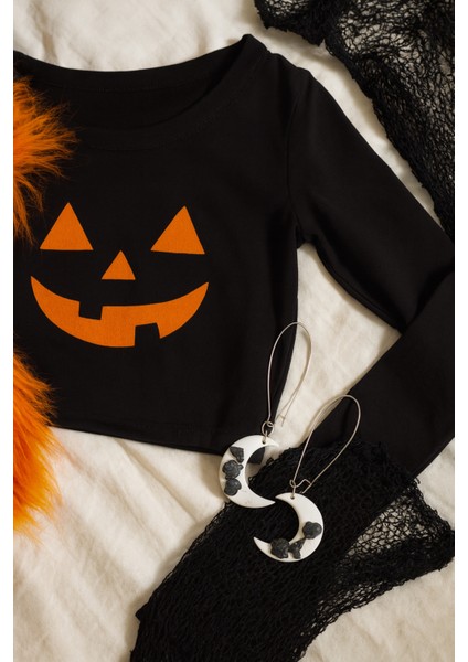 Lunaria Noctis El Yapımı Polimer Kil Siyah Kedi Figürlü Ay Şeklinde Küpe Halloween Için fiyatları