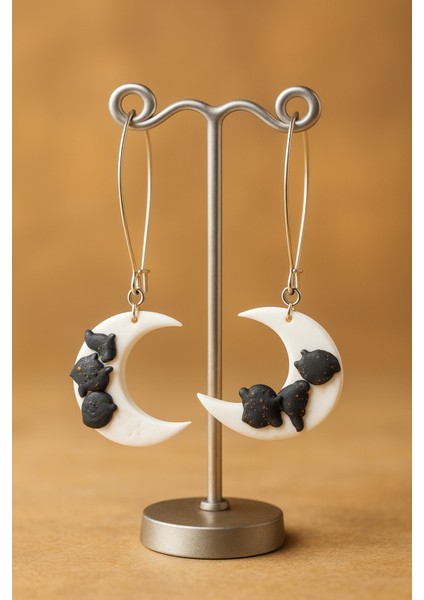 Lunaria Noctis El Yapımı Polimer Kil Siyah Kedi Figürlü Ay Şeklinde Küpe Halloween Için modelleri