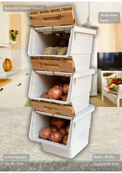 Home 3'lü Bambu Renk Tekerlekli Patateslik Soğanlık Oyuncak Kutusu Patates Soğan Sepeti Motek 12 Lt fırsatları