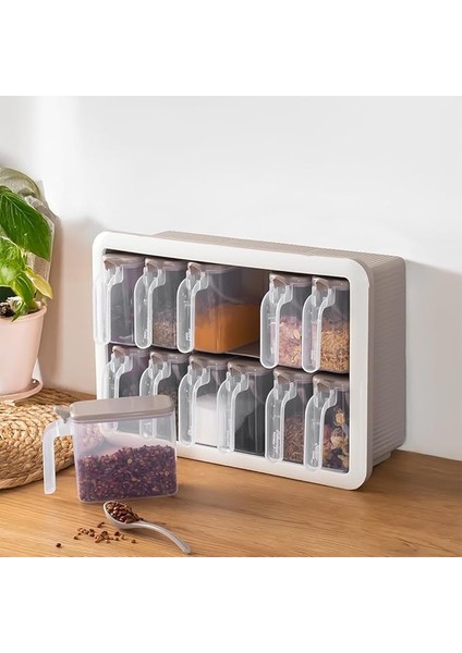 Simple 1167 Random 12'li Standlı Kendinden Yapışkanlı Kaşıklı Kapaklı Baharatlık Saklama Kabı Seti - Cappuccino Beyaz