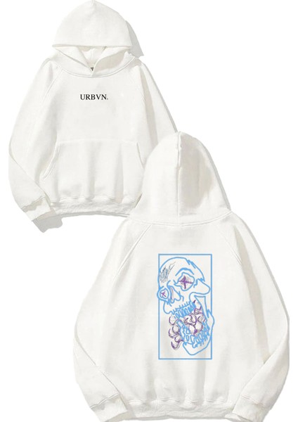 Kurukafa Çizim Tasarım Baskılı Oversize Beyaz Kapüşonlu Sweatshirt