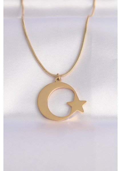 Bfs 316L Çelik Zincir Gold Renk Ay Yıldız Unisex Kolye