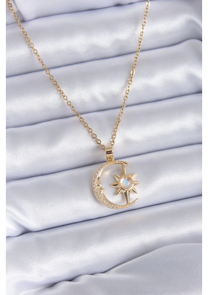 Bfs 316L Çelik Gold Renk Zirkon Taşlı Ay Yıldız Model Kadın Kolye
