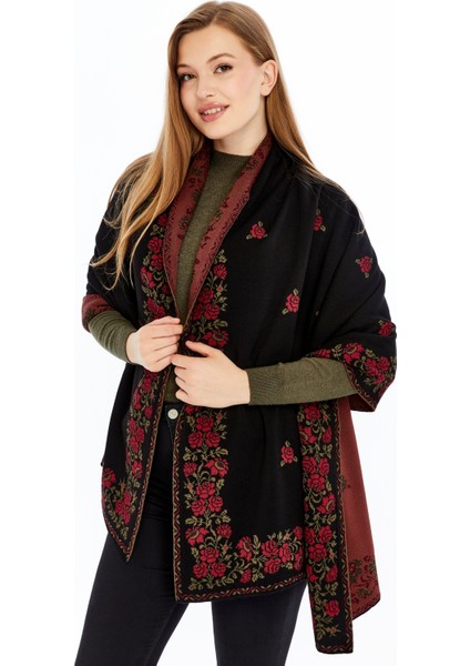 Güllü Model- Kadın,genç,anne,triko Omuz Şalı- Siyah-Bordo