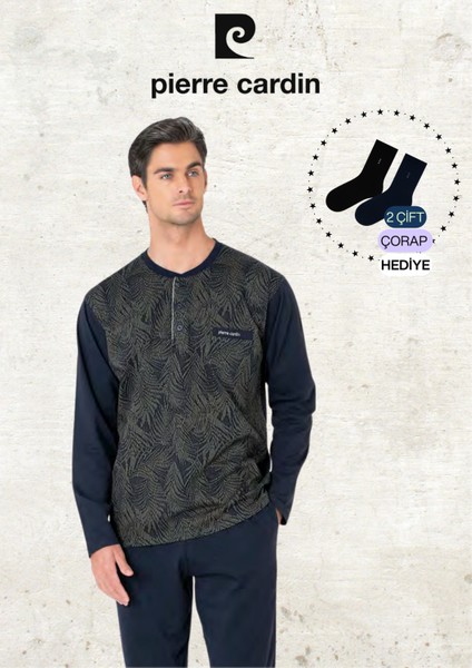 Erkek %100 Pamuk Uzun Kol Jakarlı 2'li Haki Pijama Takımı (2 Adet Hediye Çorap) L1.PC.6111.001