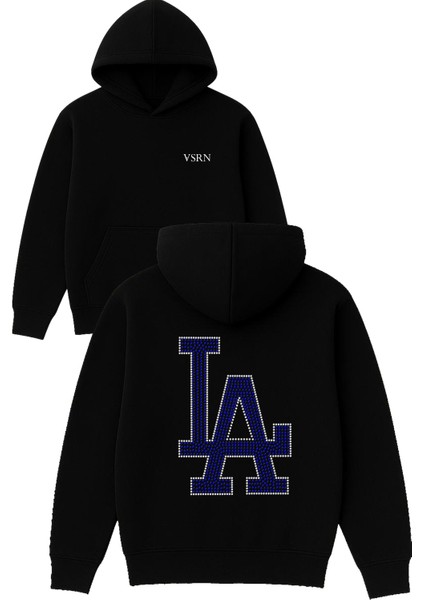 Los Angeles Mavi Pırlantalı Tasarım Baskılı Oversize Siyah Kapüşonlu Sweatshirt