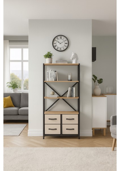 4 Çekmeceli 4 Raflı Kitaplık Çalışma Odası Düzenleyici Metal Kitaplık Deri Çekmeceli Kitaplık