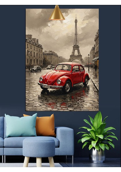 Romantik Kırmızı Otomobil Paris Sokakları Dekoratif Kanvas - Mdf Ahşap Tablo