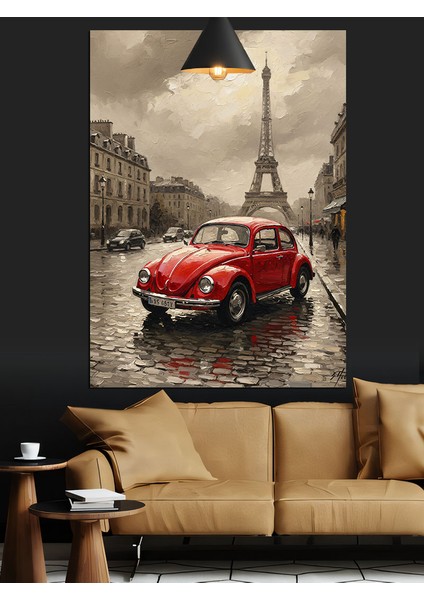 Romantik Kırmızı Otomobil Paris Sokakları Dekoratif Kanvas - Mdf Ahşap Tablo fiyatları