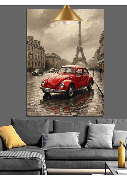 Romantik Kırmızı Otomobil Paris Sokakları Dekoratif Kanvas - Mdf Ahşap Tablo modelleri