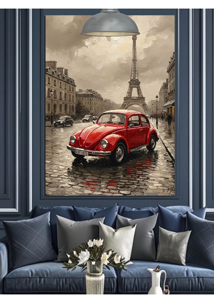 Romantik Kırmızı Otomobil Paris Sokakları Dekoratif Kanvas - Mdf Ahşap Tablo fırsatları