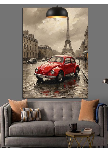 Romantik Kırmızı Otomobil Paris Sokakları Dekoratif Kanvas - Mdf Ahşap Tablo indirimleri