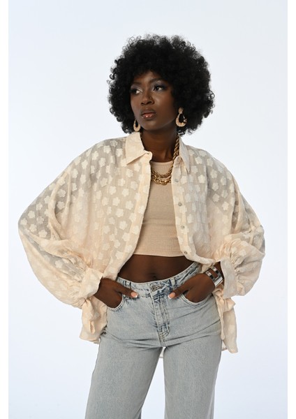 Kadın Transparan Çiçek Desenli Oversize Gömlek