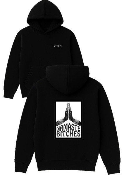 Namaste Btches Tasarım Baskılı Oversize Siyah Kapüşonlu Sweatshirt