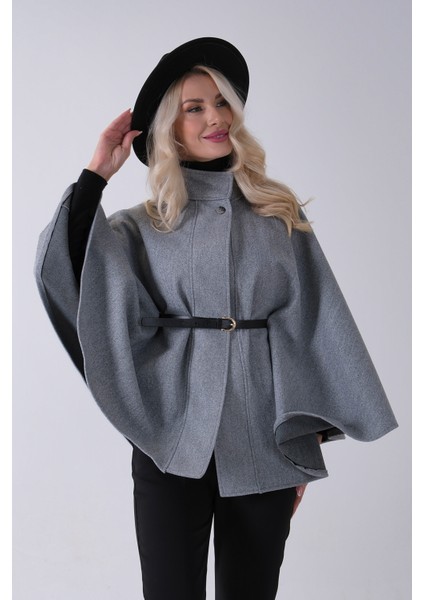 Gri Hakim Yaka Tek Düğmeli Kemerli Panço 31050725.06