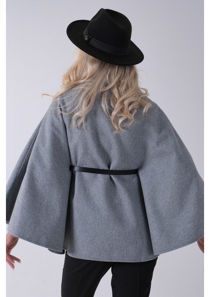 Gri Hakim Yaka Tek Düğmeli Kemerli Panço 31050725.06