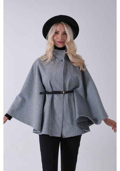 Gri Hakim Yaka Tek Düğmeli Kemerli Panço 31050725.06