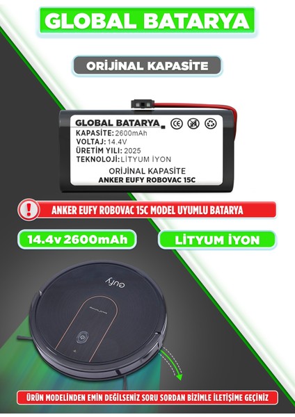 Anker Eufy Robovac 15C Akıllı Robot Süpürge Bataryası 14.4v 2600mAh (Orijinal Kapasite)