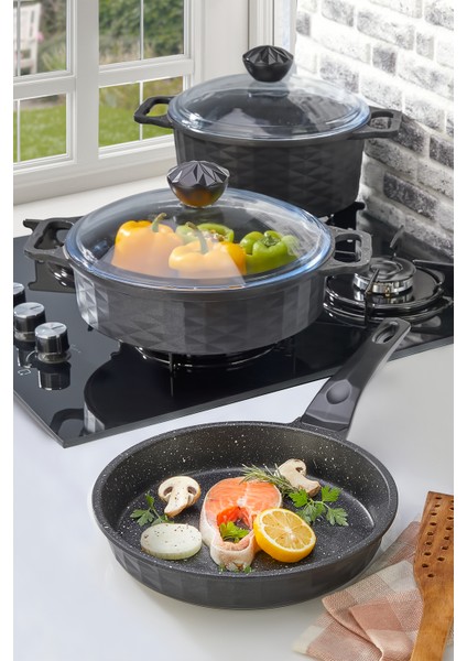 Kristal Döküm Granit Tencere ve Tava Seti 5 Parça Siyah