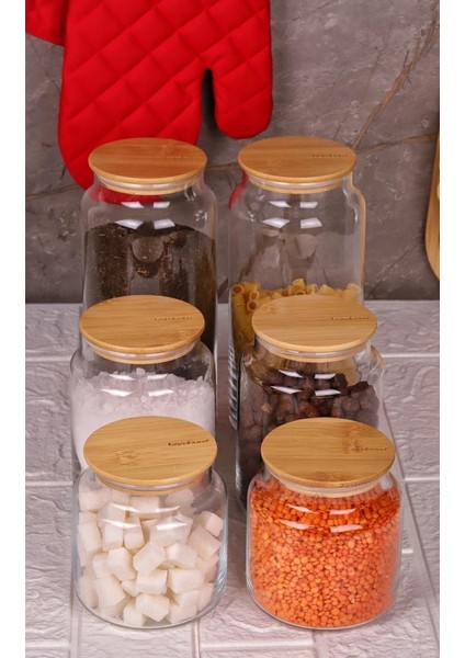 Zone - 6'lı Cam Saklama Kabı 600 ML-800 ML-1300 ML Vakumlu Bambu Kapaklı