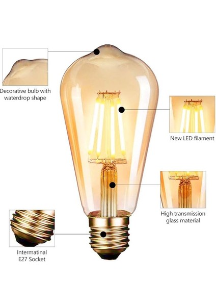 Edison Vintage LED Ampul E27 (4W/220V) 2600-2700 K Retro Antik, Kehribar Sıcak, 6'lı Paket fiyatları