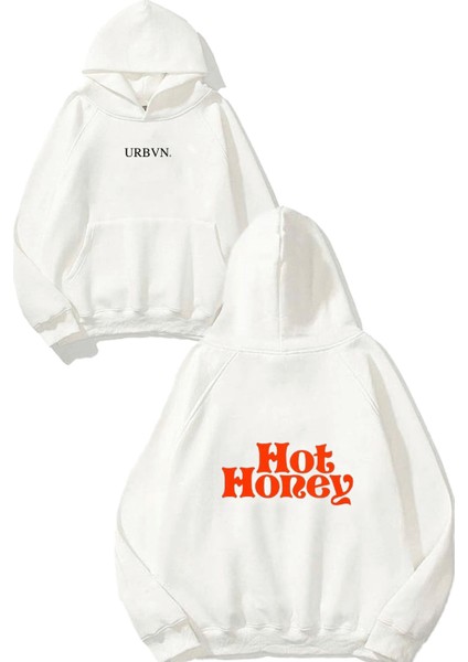 Hot Honey Tasarım Baskılı Oversize Beyaz Kapüşonlu Sweatshirt