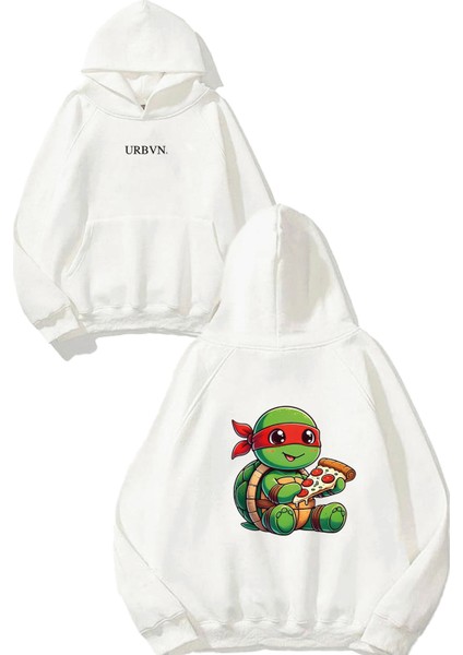 Ninja Pizza Tasarım Baskılı Oversize Beyaz Kapüşonlu Sweatshirt