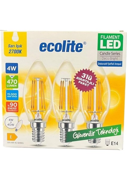 4W LED Filament Mum Ampul, E14 Duy, 2700K Sarı Işık, 470 Lümen, Şeffaf Cam, Akkor Görünümlü Dekoratif Lamba, 3'lü Paket modelleri