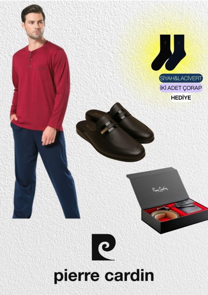 Erkek Penye Bordo 2'li Pijama Takımı & Deri Terlik & Hakiki Deri Kemer Cüzdan Seti L1.PC.5454.ST02