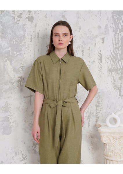 Kuşaklı Gömlek Yaka Salaş Tulum Haki S255822 fırsatları
