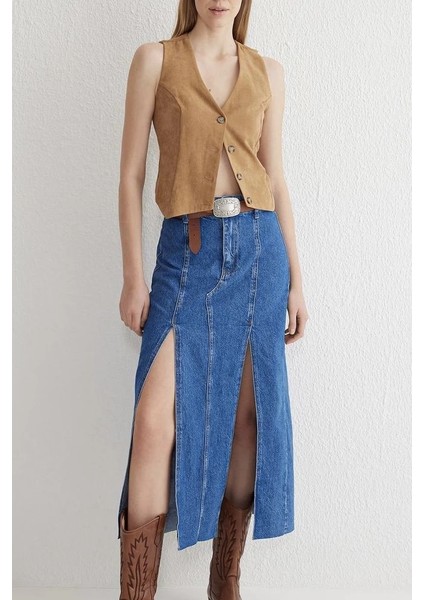 Çift Yırtmaçlı Jean Etek S140