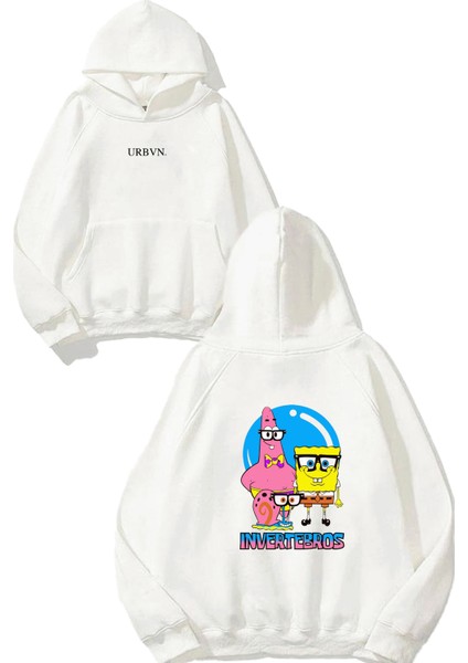 Invertebros Tasarım Baskılı Oversize Beyaz Kapüşonlu Sweatshirt