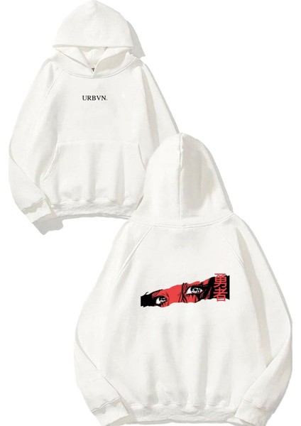 Gözler Tasarım Baskılı Oversize Beyaz Kapüşonlu Sweatshirt