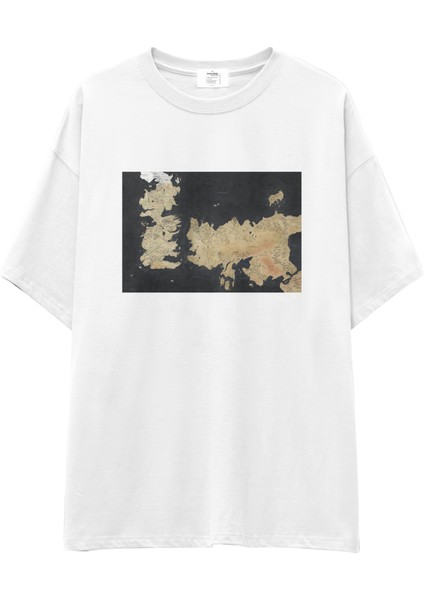 Game Of Thrones Map Oversize Tişört - Beyaz