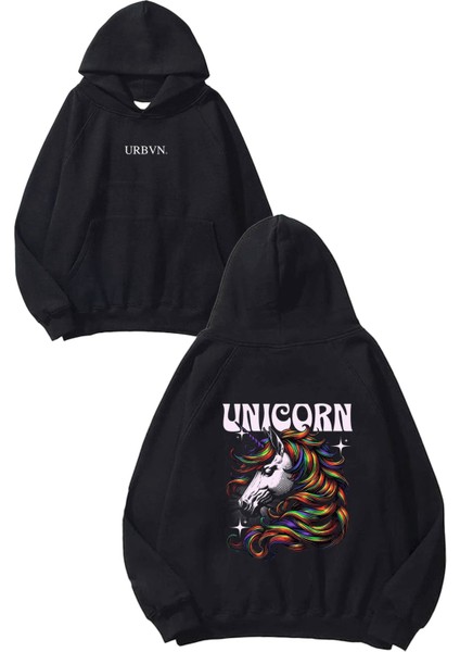 Unicorn Rainbow Tasarım Baskılı Oversize Siyah Kapüşonlu Sweatshirt