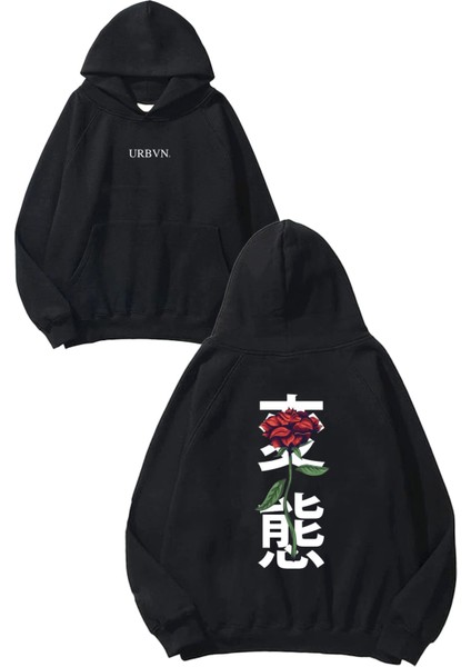 Rose Tasarım Baskılı Oversize Siyah Kapüşonlu Sweatshirt