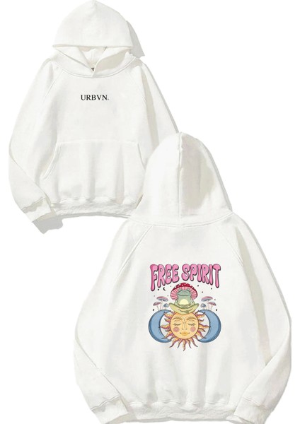 Free Spirit Tasarım Baskılı Oversize Beyaz Kapüşonlu Sweatshirt