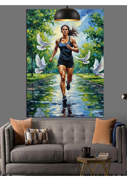 Yağmurda Koşan Atletik Genç Kadın Dekoratif Kanvas - Mdf Ahşap Tablo